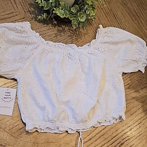 White crop top off shoulder size S NWT Calligraphie 100% cotton - Picture 7 of 9